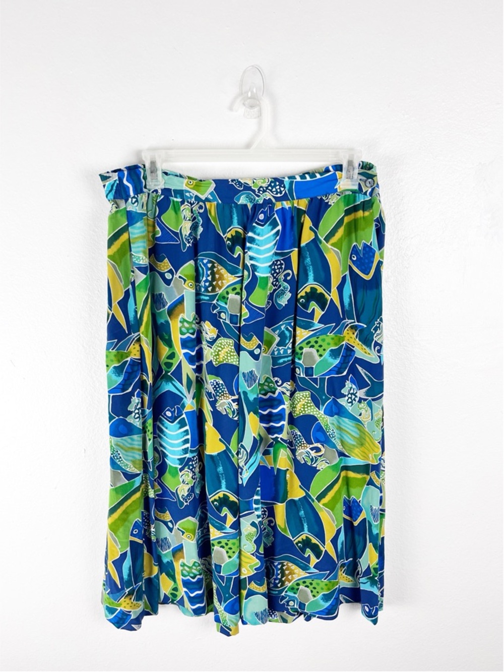 G.W. DESIGN STUDIO 100% Silk Multicolored Fish Graphic Pleated Skirt Size XL